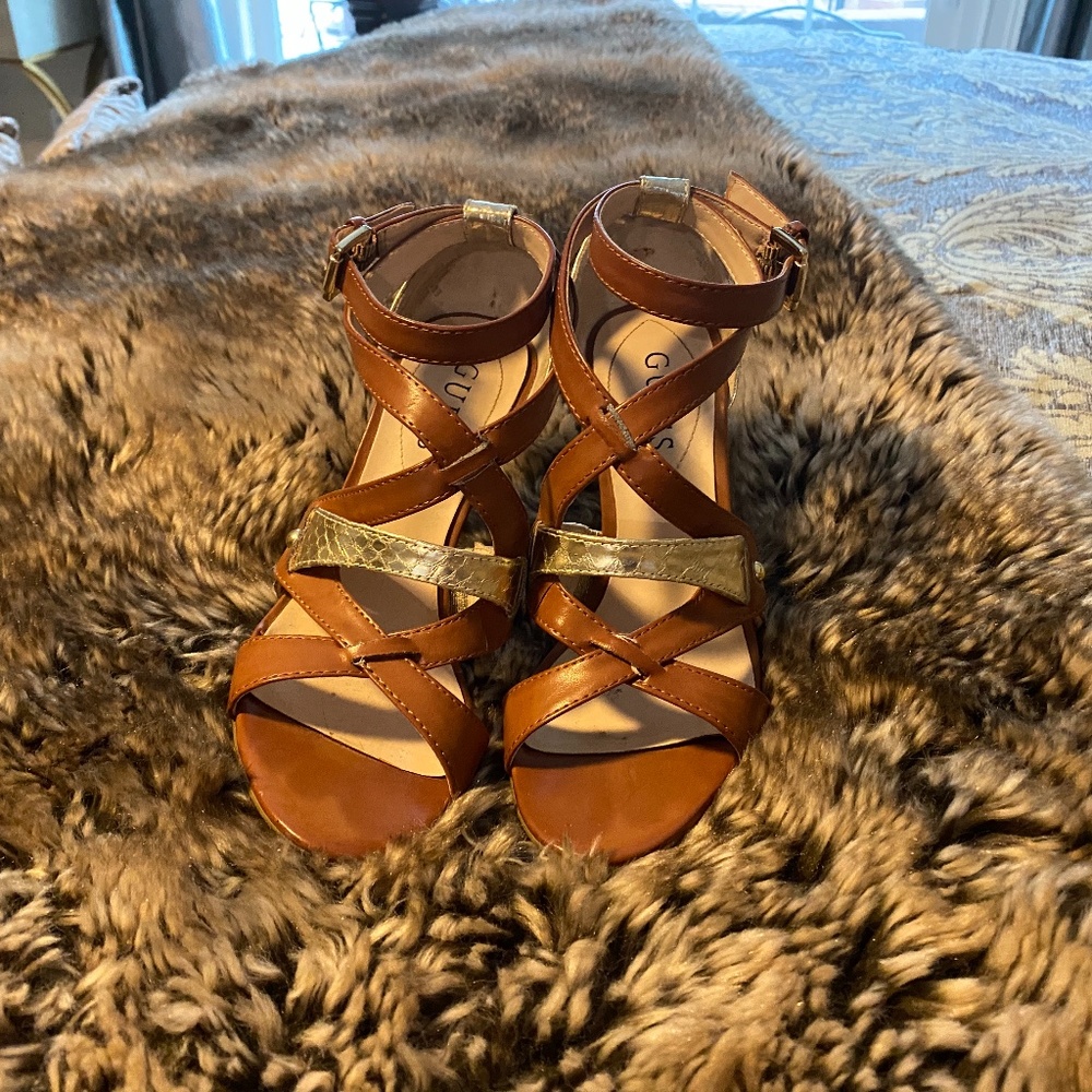 Guess Brown and Gold Strappy Heeled Sandals